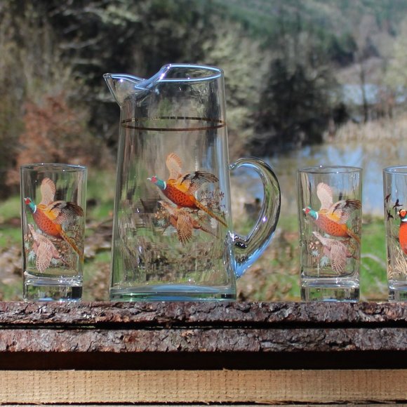 Set of 5 West Virginia Glass Vintage Pheasants In Flight 4 Glasses & 1 Pitcher - Picture 6 of 15